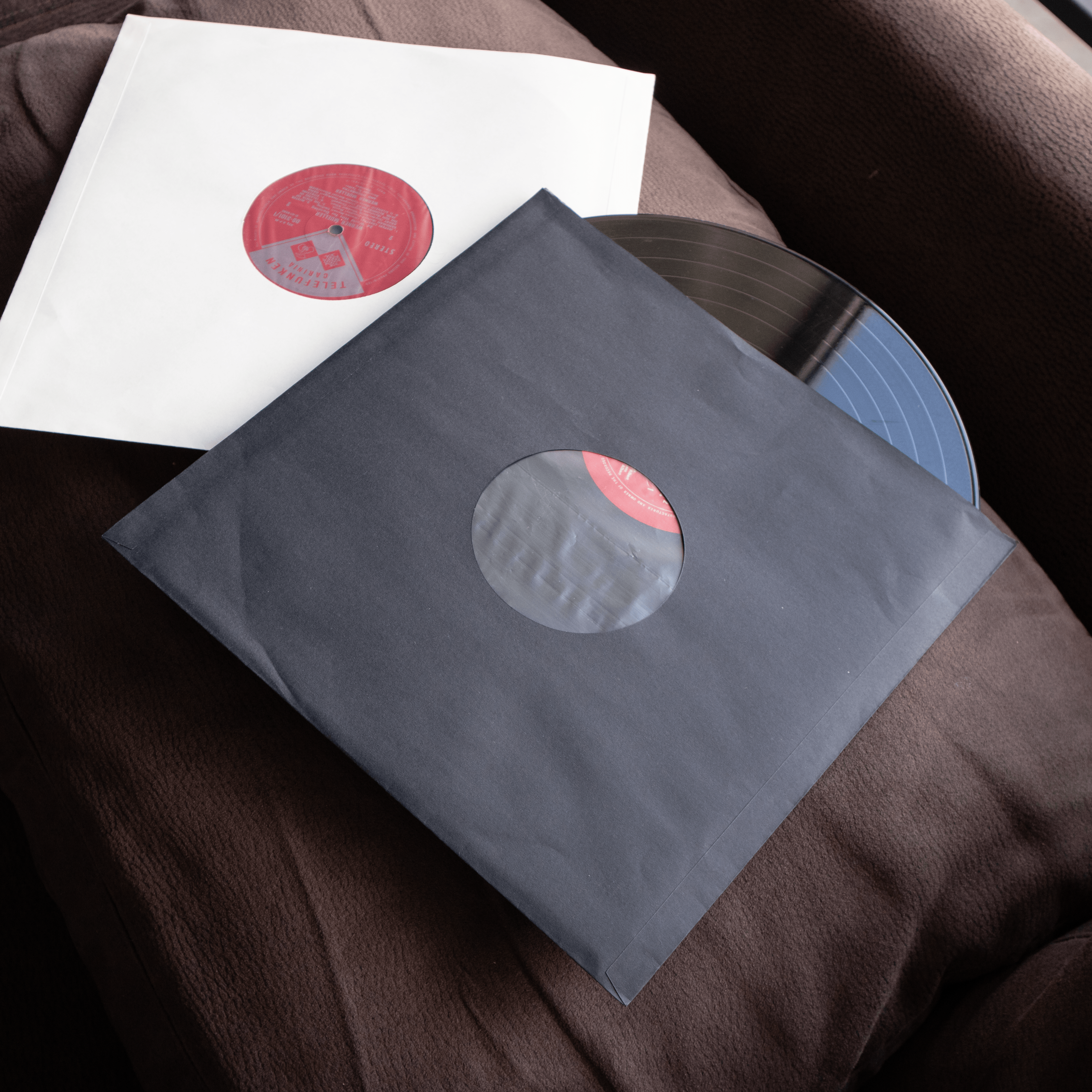 12" Vinyl Record Inner Sleeves Poly Lined Kraft Paper Pack of 25 – lifestyle in use, vinyl record storage