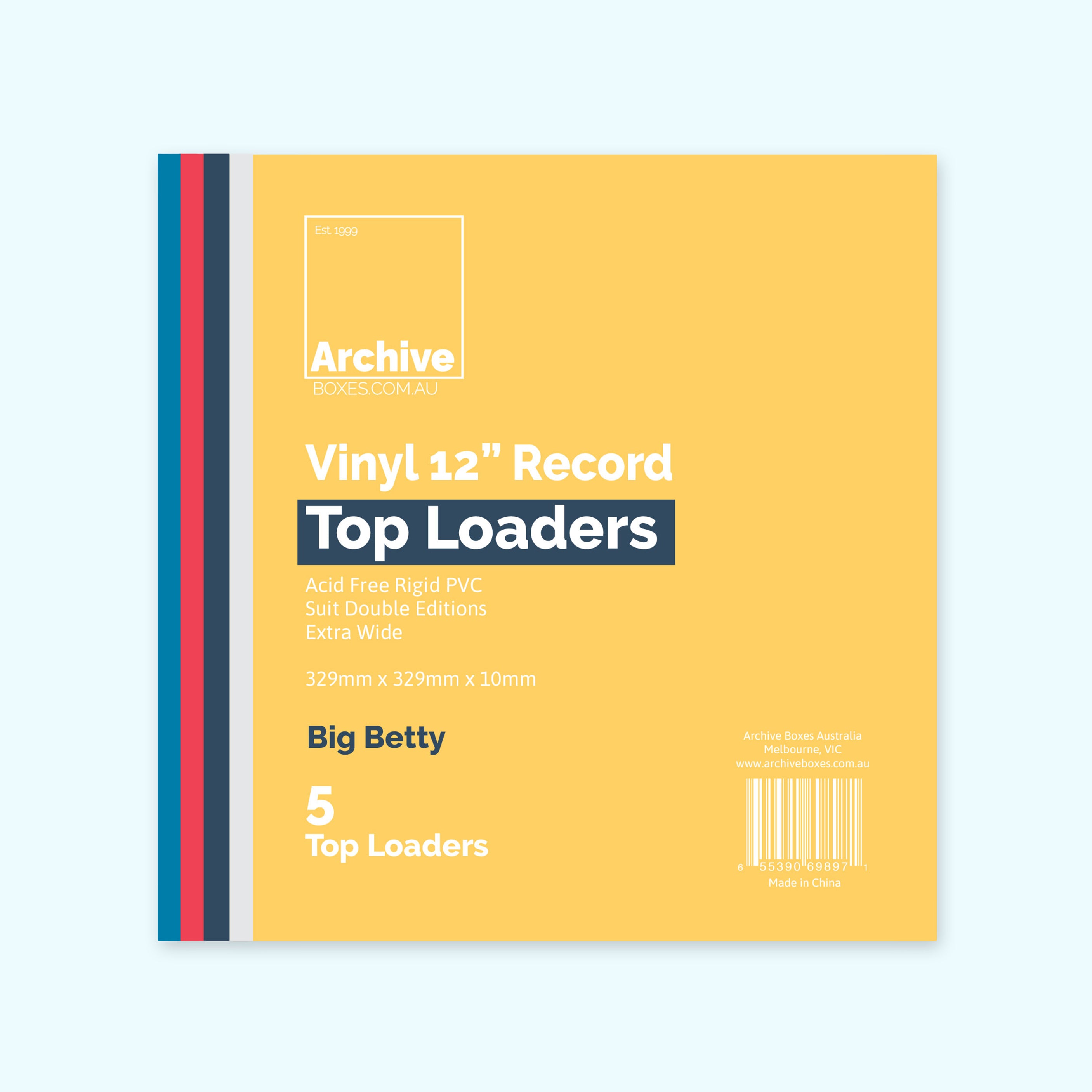A pack of 5 Archive Vinyl 12-inch record top loaders in the 'Big Betty' size, featuring a yellow cover with blue and red side stripes, shown on a light blue background.