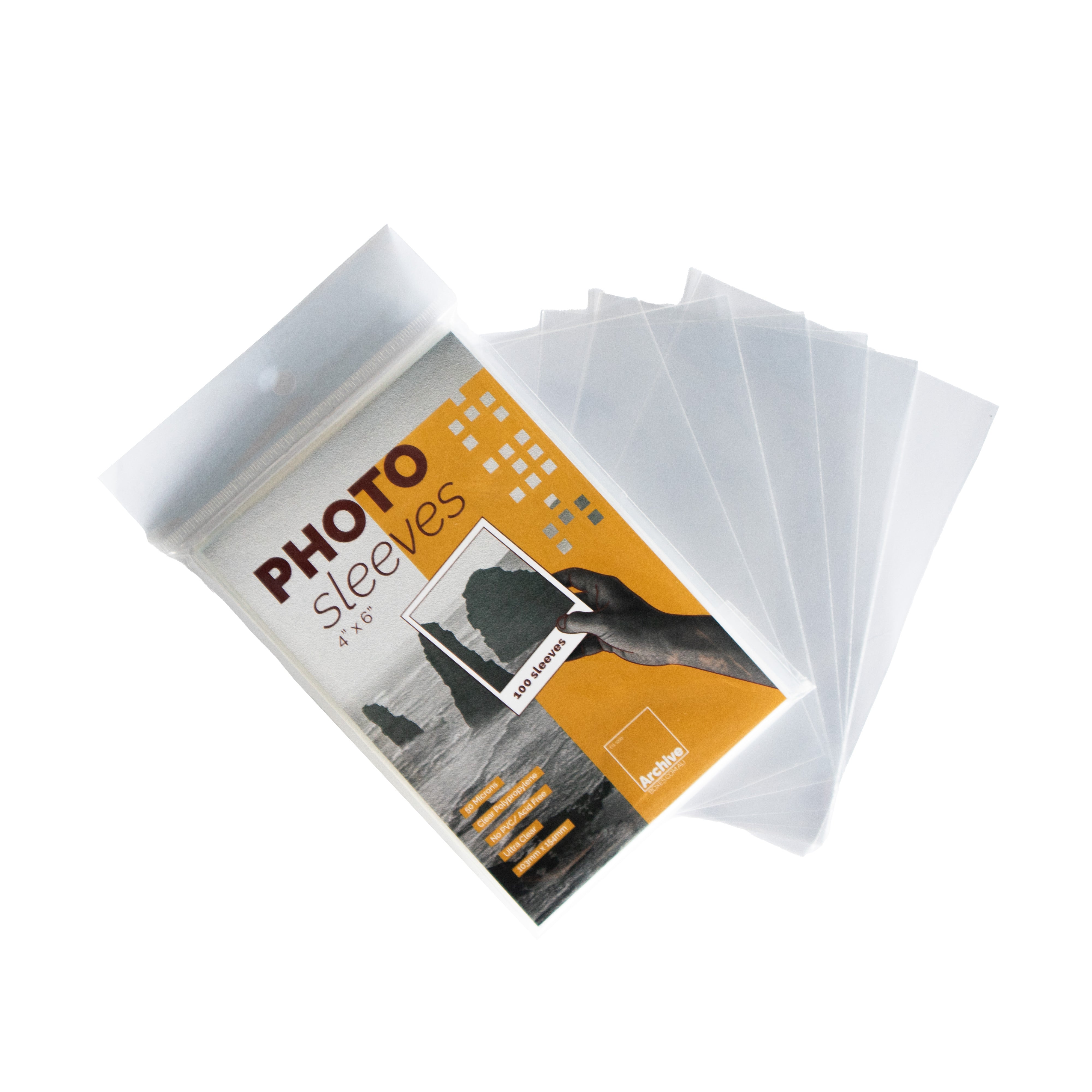 Clear archival photo sleeves that protect photos from dust, scratches, and moisture. Durable, acid-free, and perfect for long-term photo storage with crystal-clear visibility.