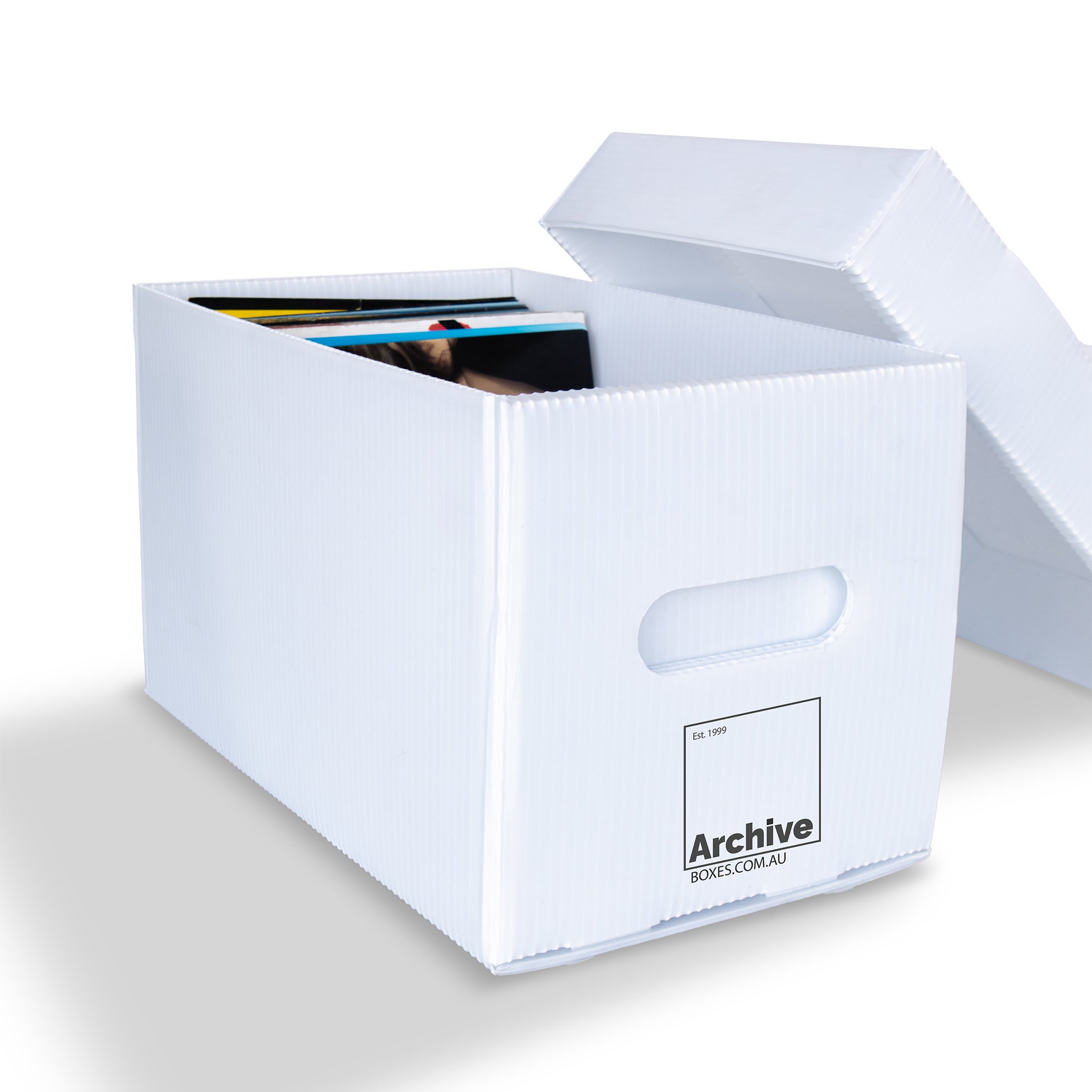Archival-safe 7"/ 45 RPM vinyl storage box, acid-free and stackable for long-term protection