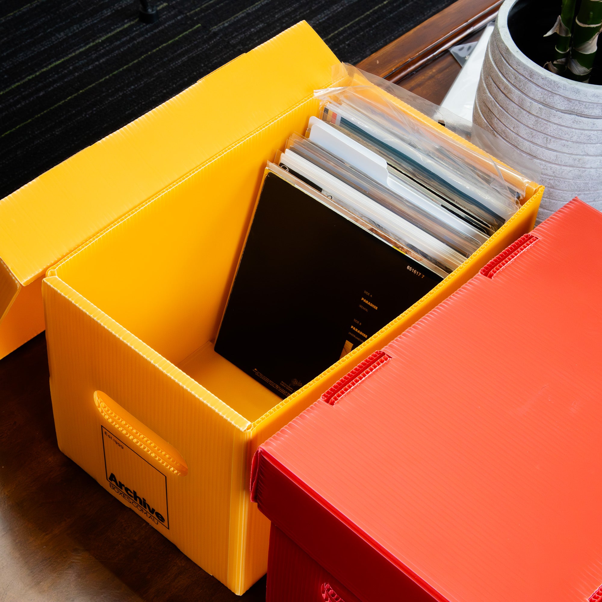 Archival-safe 7"/ 45 RPM vinyl storage box, acid-free and stackable for long-term protection