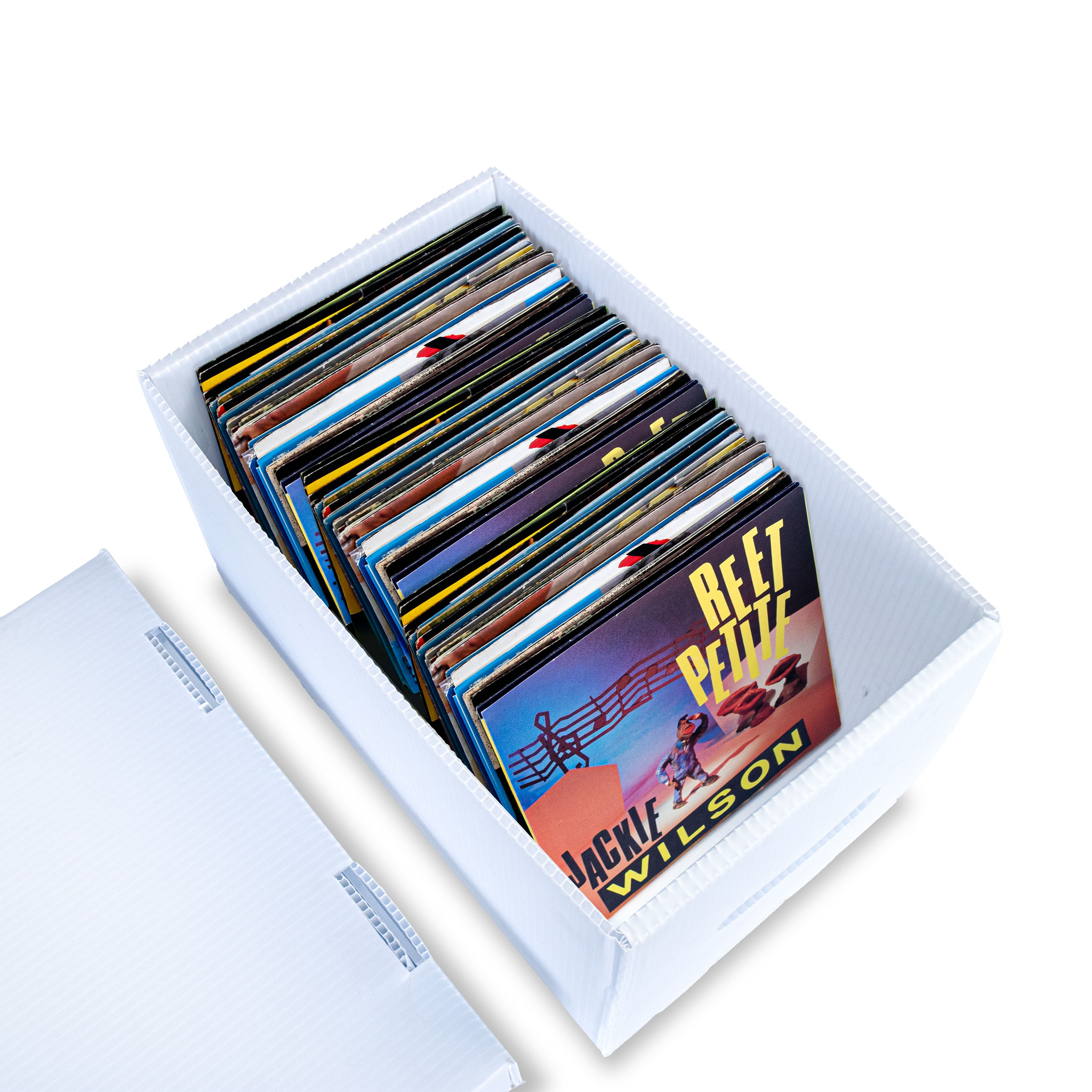 Archival-safe 7"/ 45 RPM vinyl storage box, acid-free and stackable for long-term protection