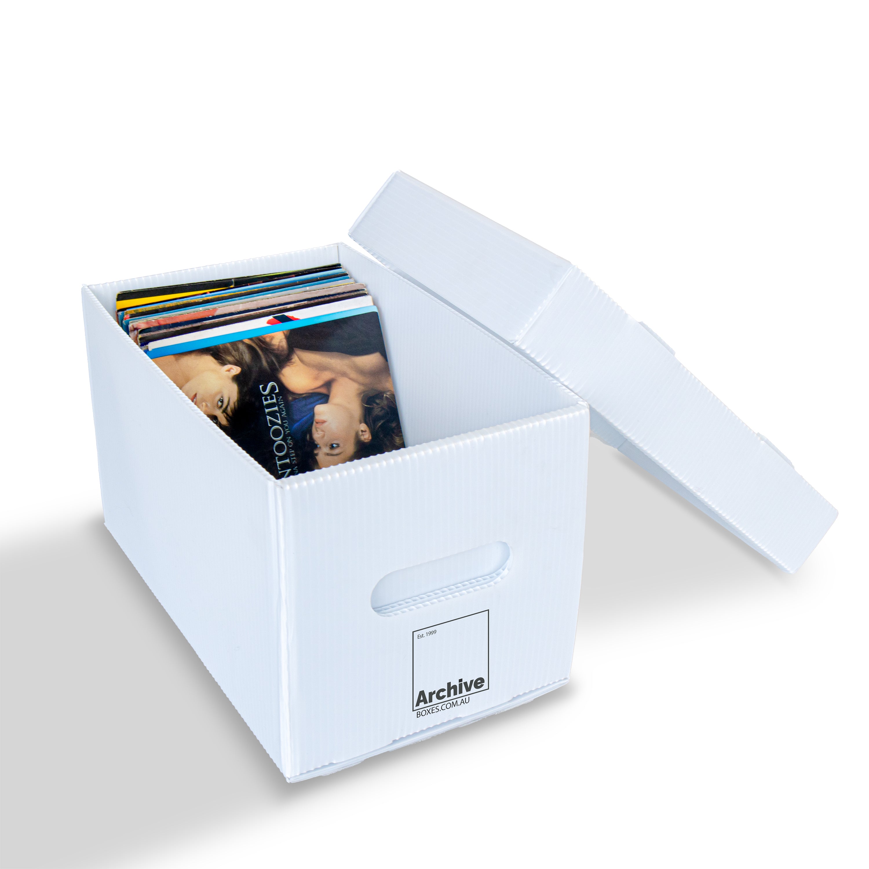 Archival-safe 7"/ 45 RPM vinyl storage box, acid-free and stackable for long-term protection