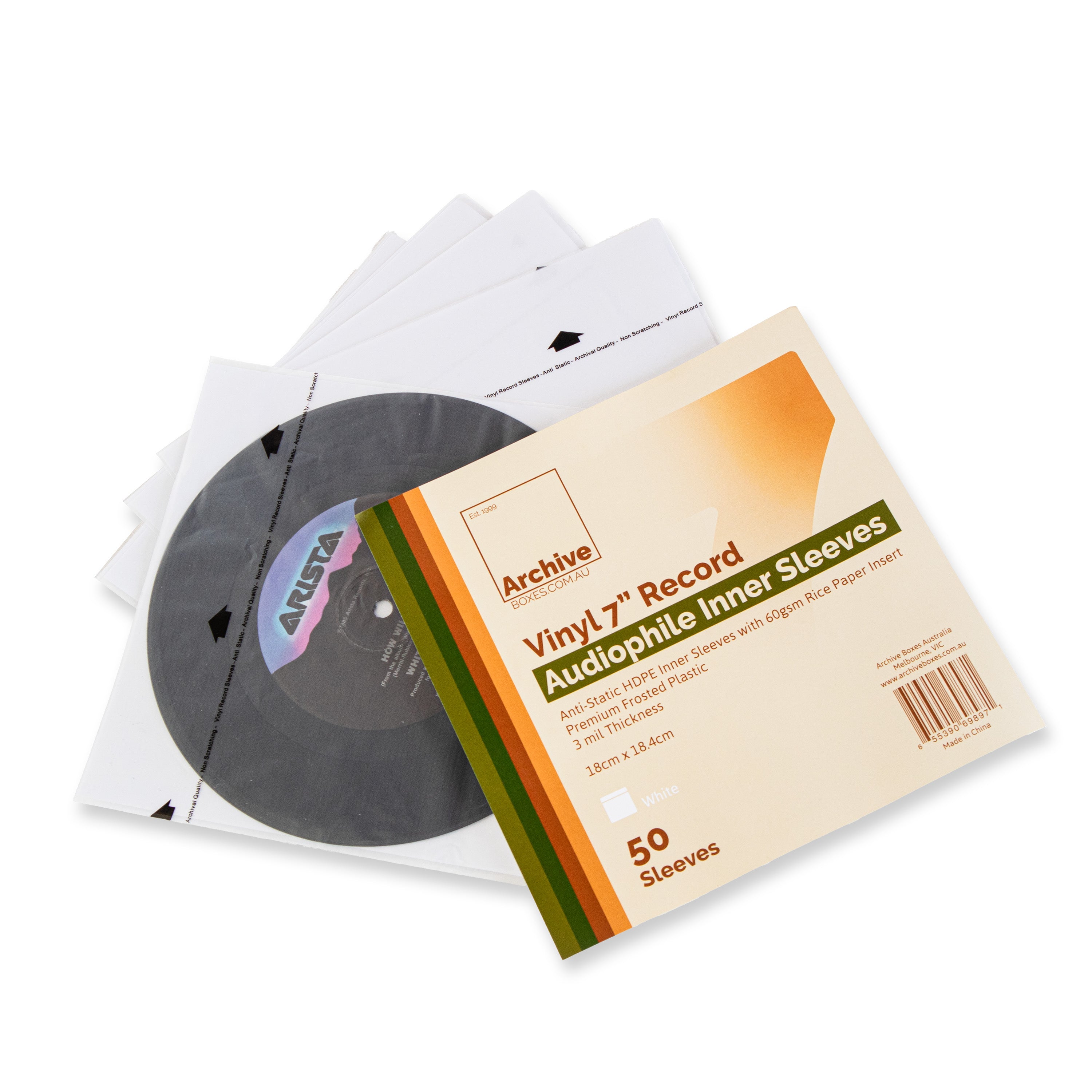 7" vinyl audiophile inner sleeves, anti-static archival rice paper and HDPE protective sleeves for 45 RPM records, pack of 50