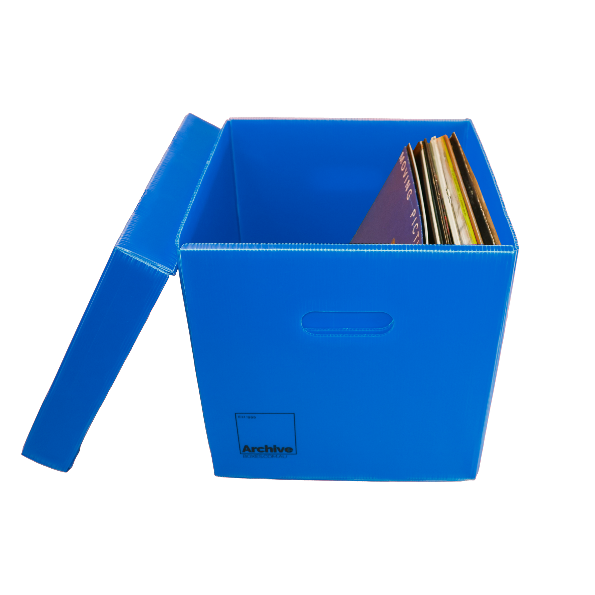 Sturdy vinyl storage box designed for organising and protecting vinyl records, featuring a sleek design and secure lid.