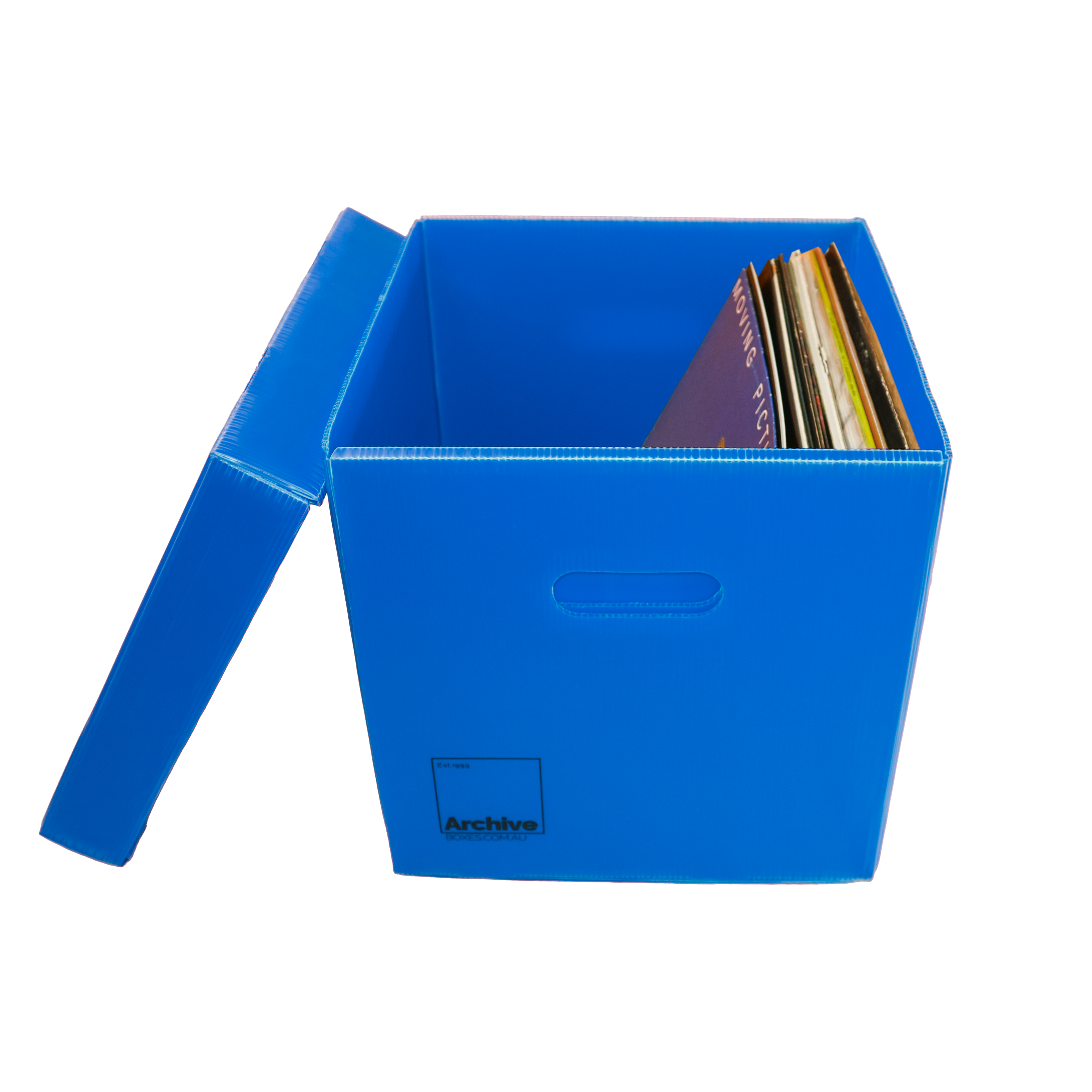 Sturdy vinyl storage box designed for organising and protecting vinyl records, featuring a sleek design and secure lid.