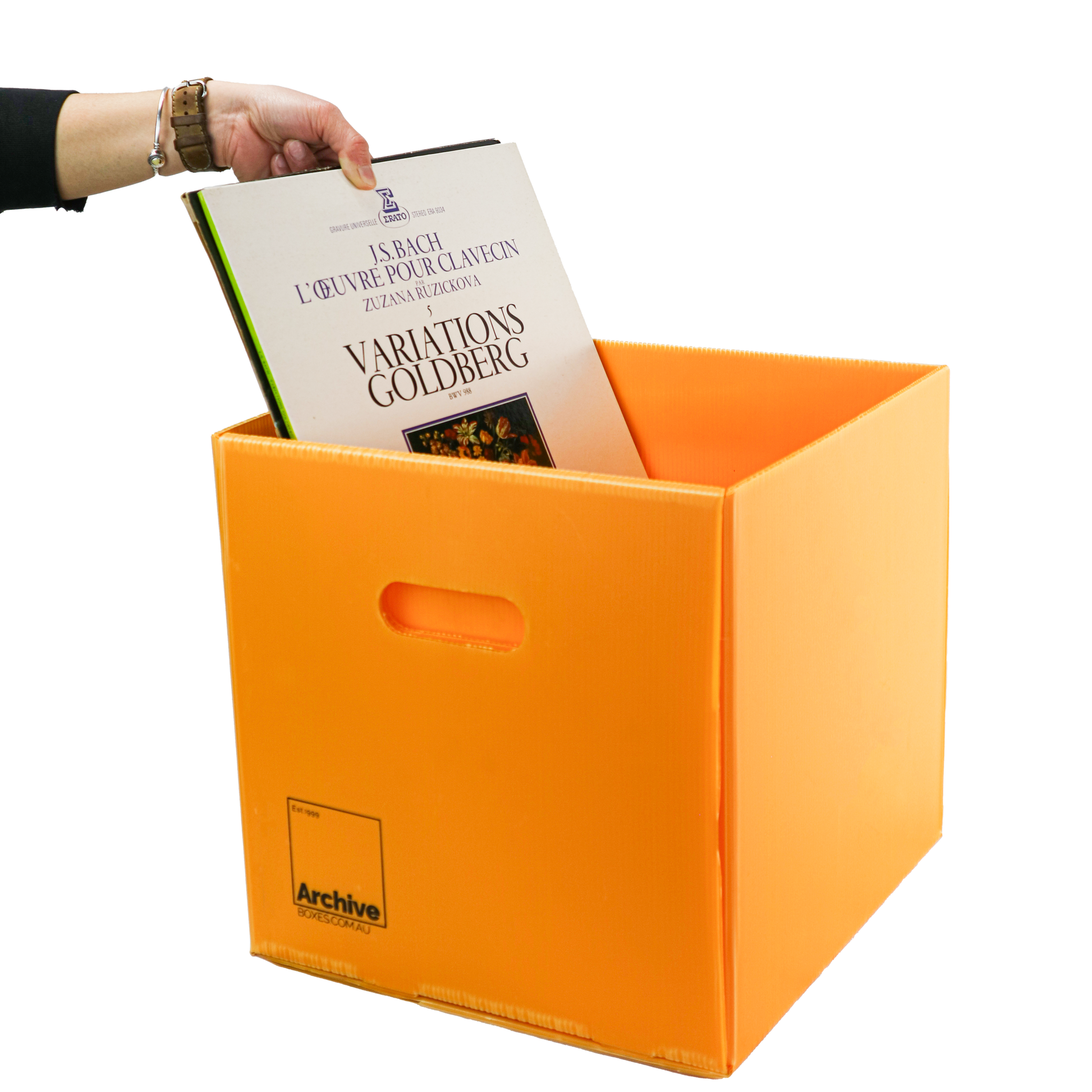 Sturdy vinyl storage box designed for organising and protecting vinyl records, featuring a sleek design and secure lid.