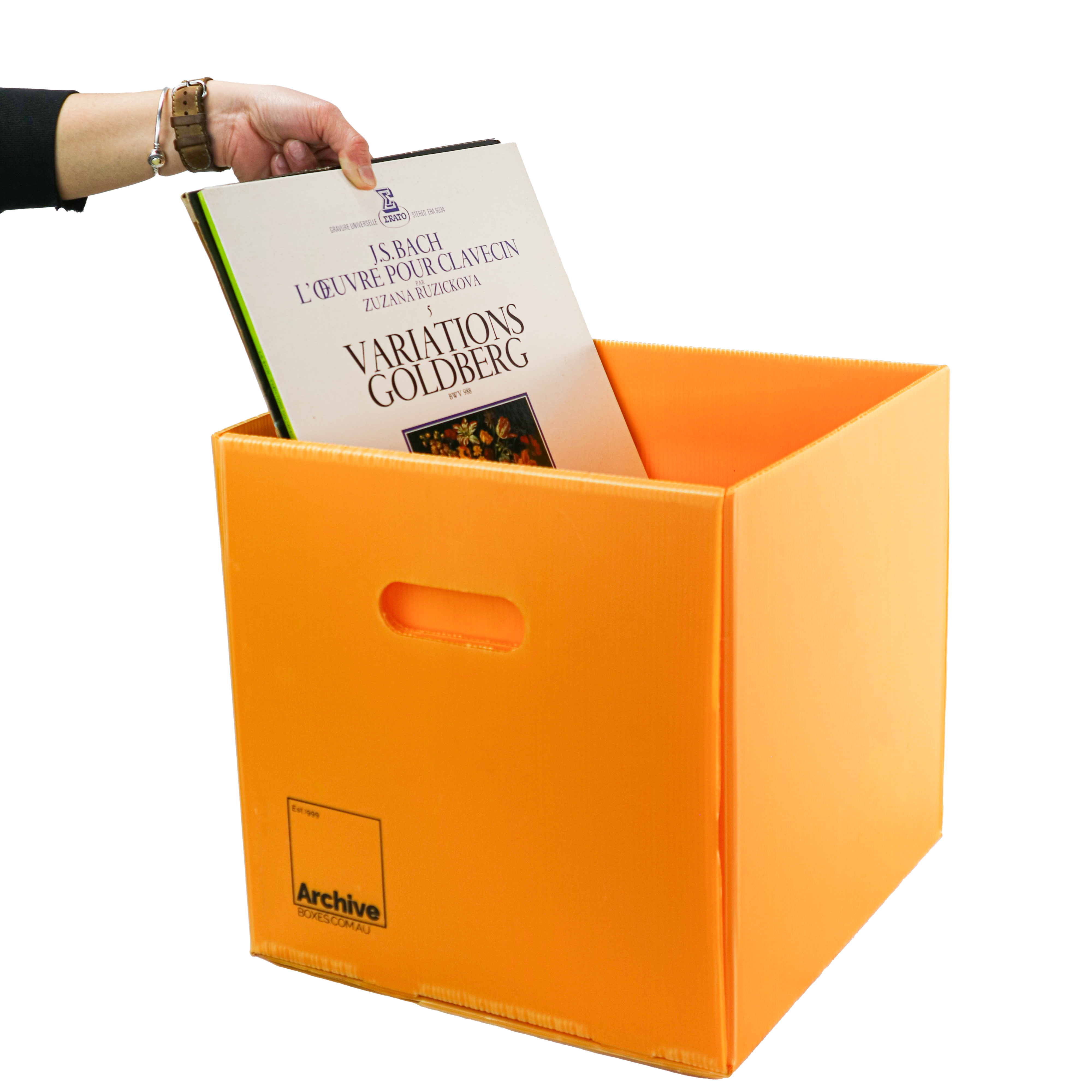 Sturdy vinyl storage box designed for organising and protecting vinyl records, featuring a sleek design and secure lid.