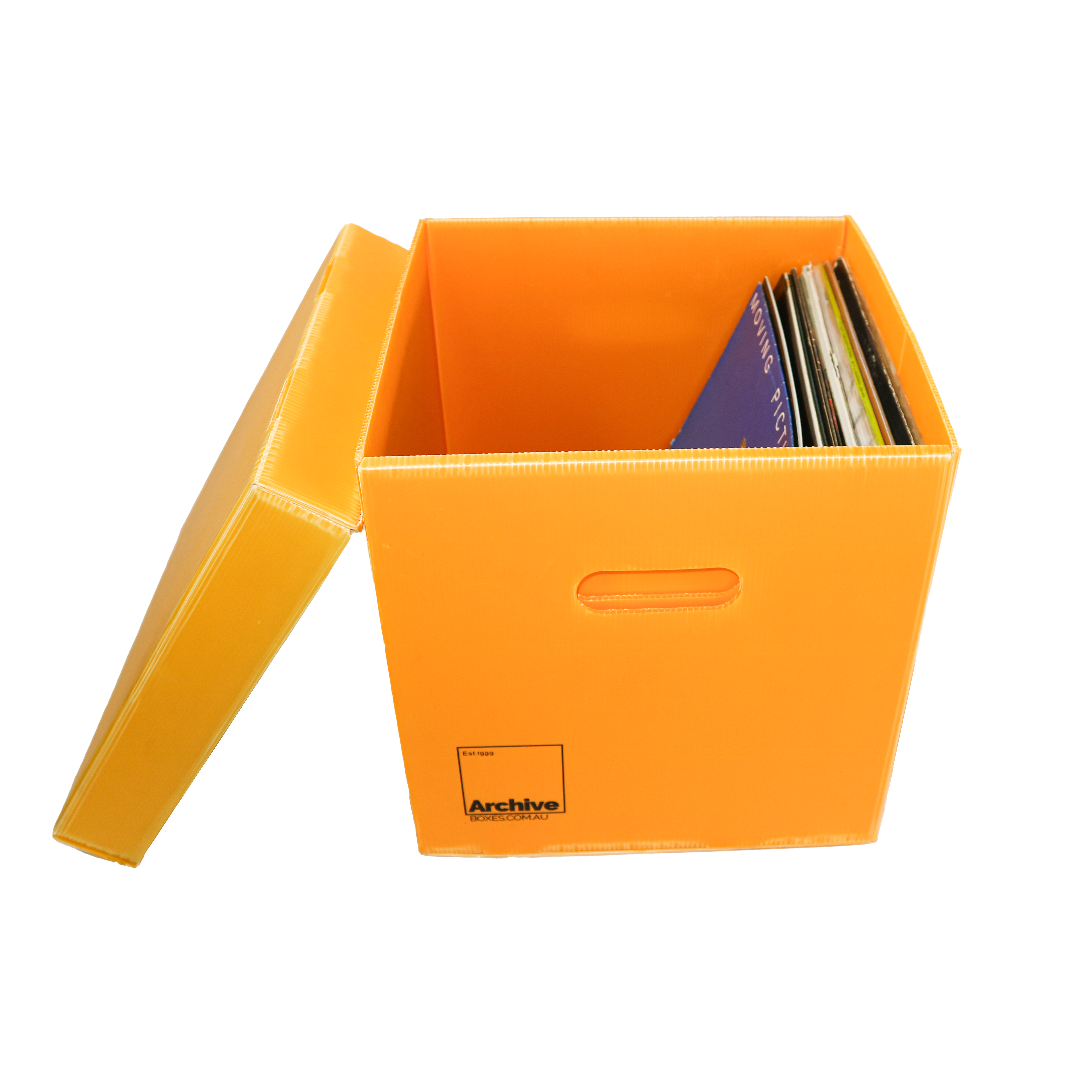 Sturdy vinyl storage box designed for organising and protecting vinyl records, featuring a sleek design and secure lid.