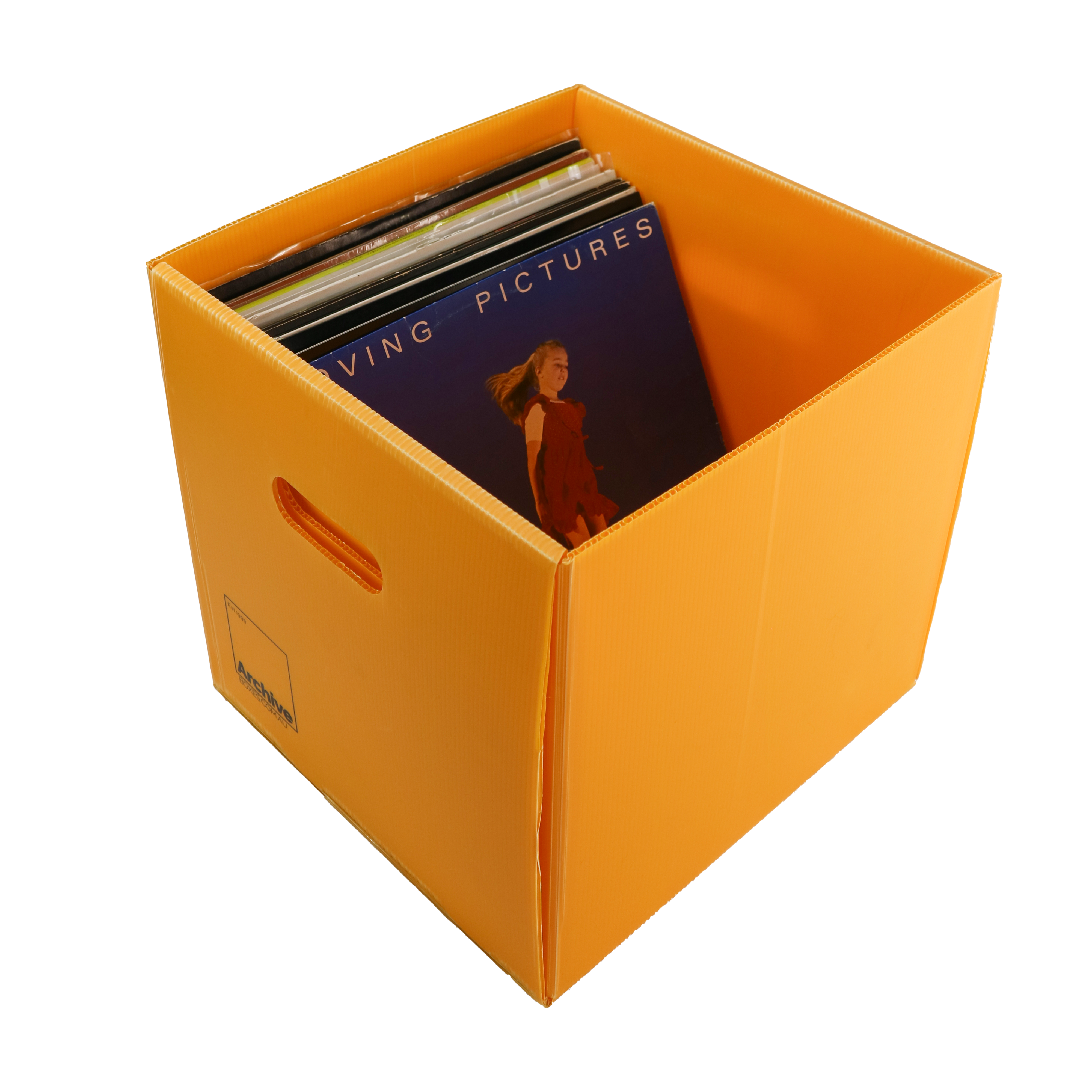 Sturdy vinyl storage box designed for organising and protecting vinyl records, featuring a sleek design and secure lid.