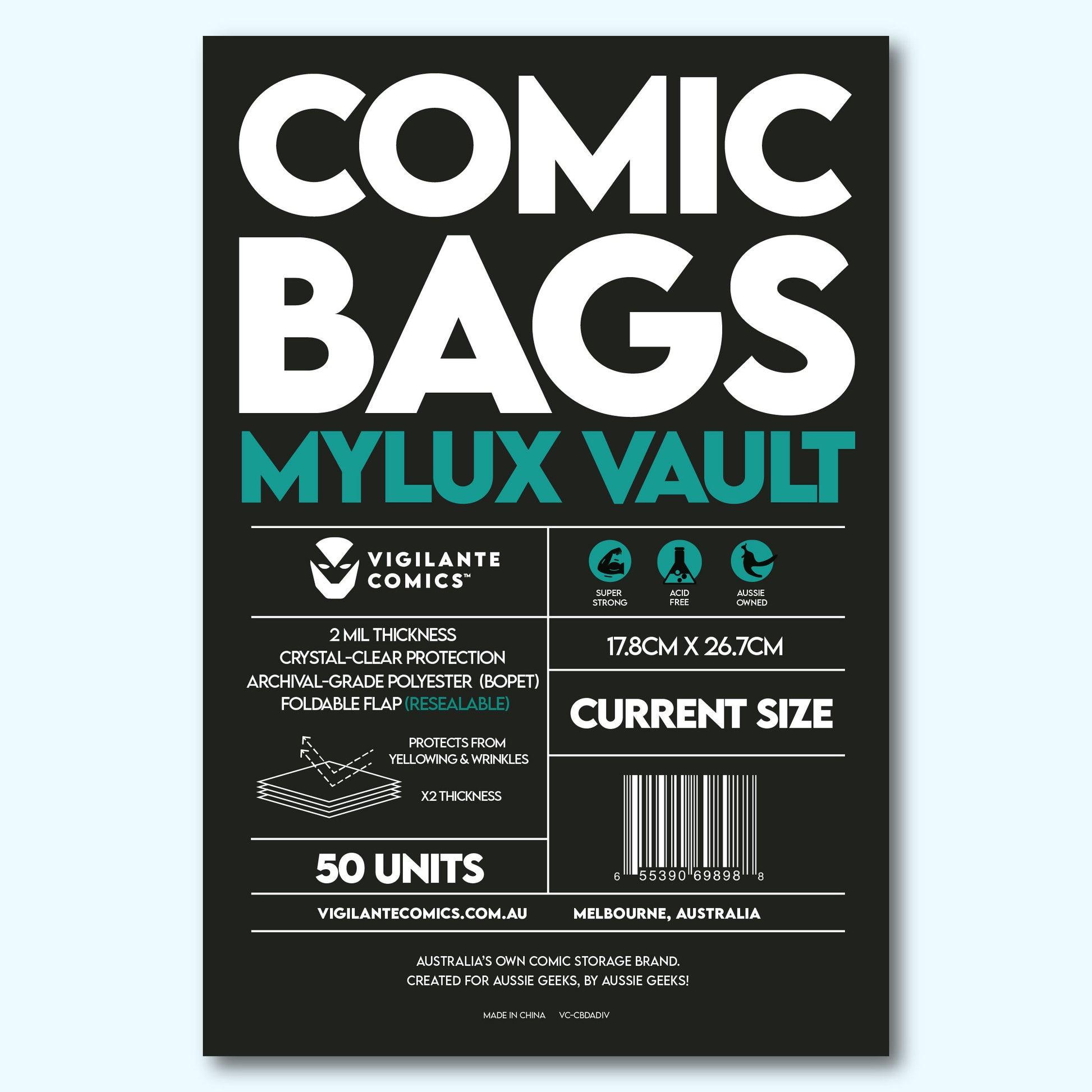 Mylux Vault Mylar Current Size Comic Book Bags – front view, archival 2mil Mylar comic book bag