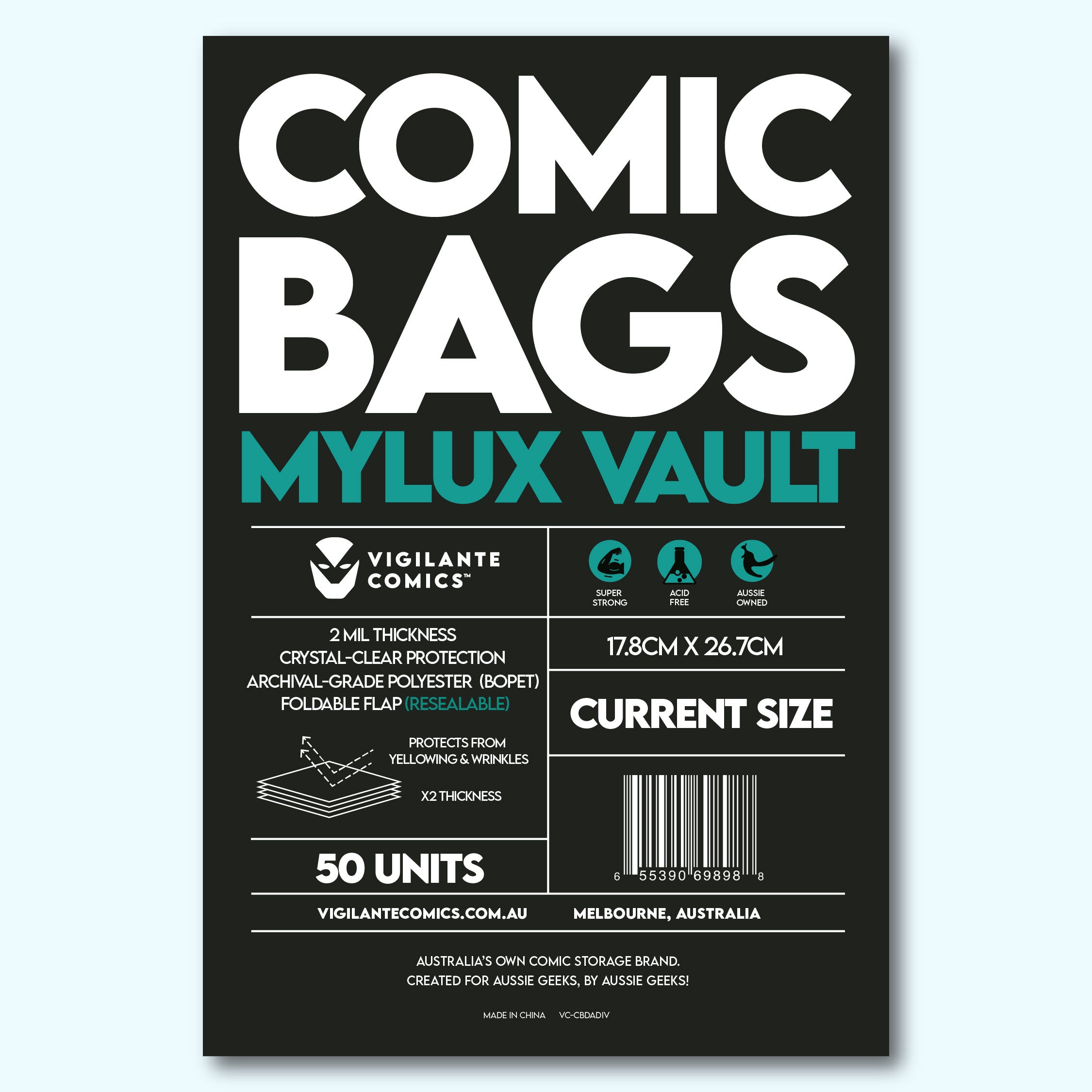 Mylux Vault Mylar Current Size Comic Book Bags – front view, archival 2mil Mylar comic book bag