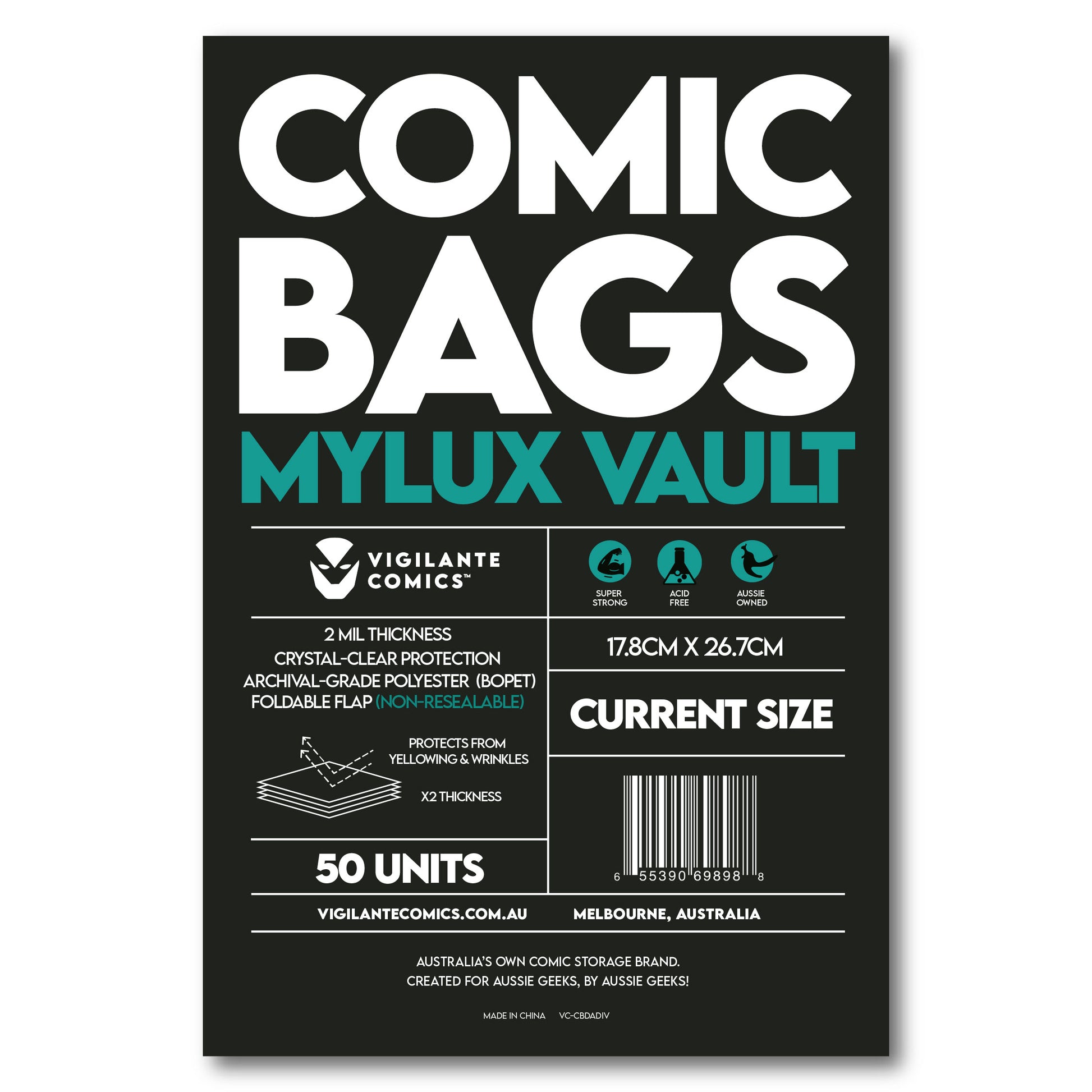 Mylux Vault Mylar Current Size Comic Book Bags – packaging shot, archival 2mil Mylar comic book bag