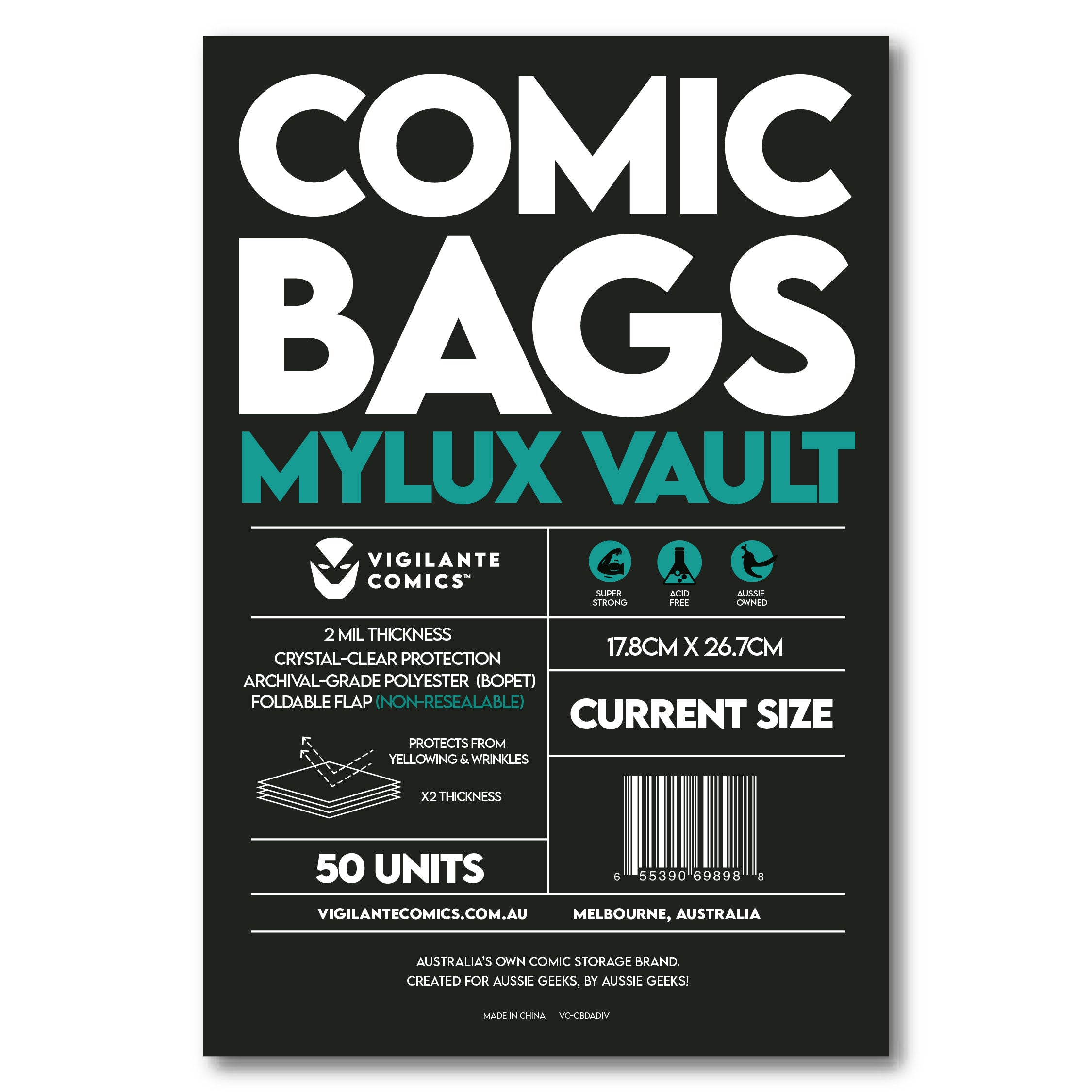 Mylux Vault Mylar Current Size Comic Book Bags – packaging shot, archival 2mil Mylar comic book bag