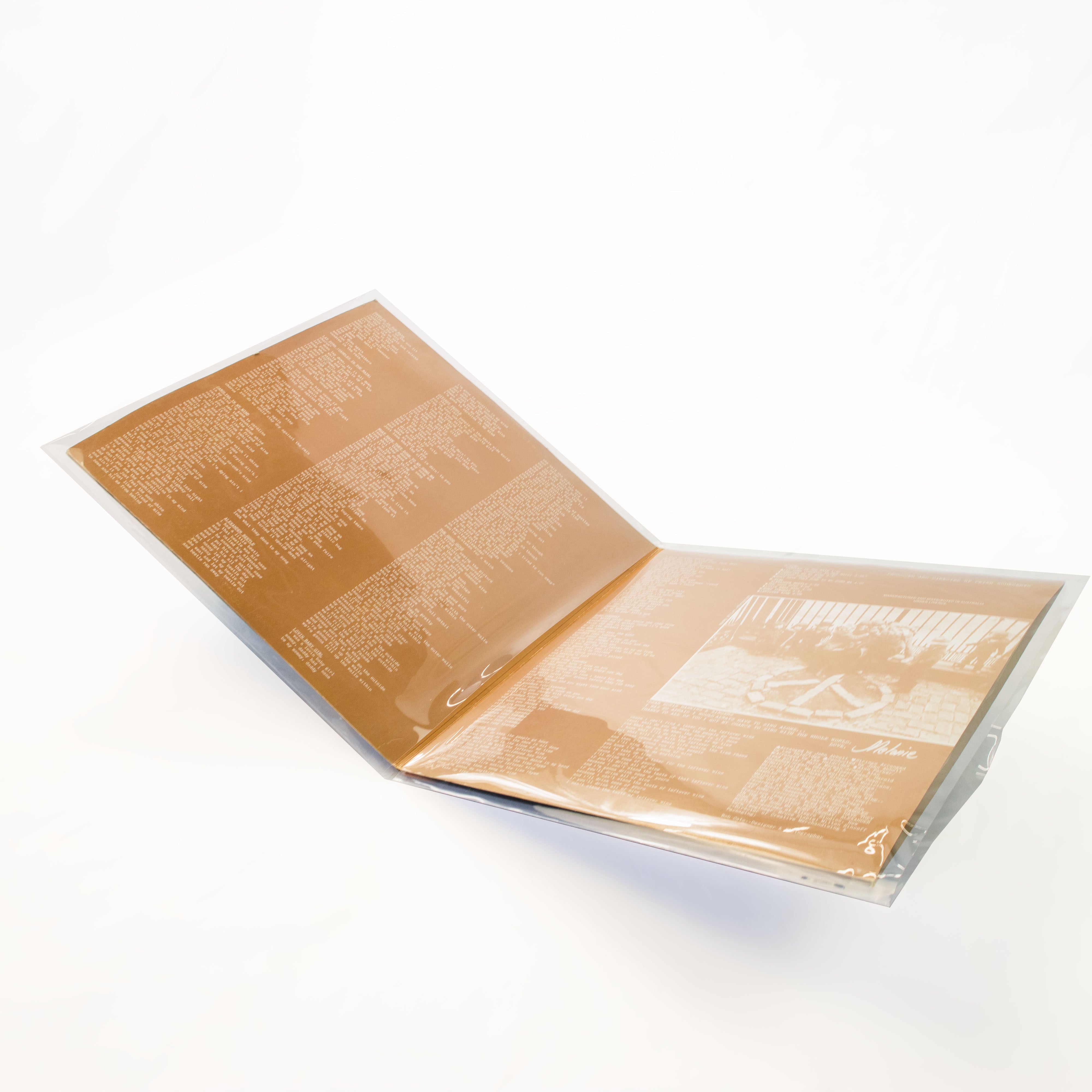 High-clarity polypropylene vinyl sleeve with anti-static, anti-scratch surface for gatefold LP protection.