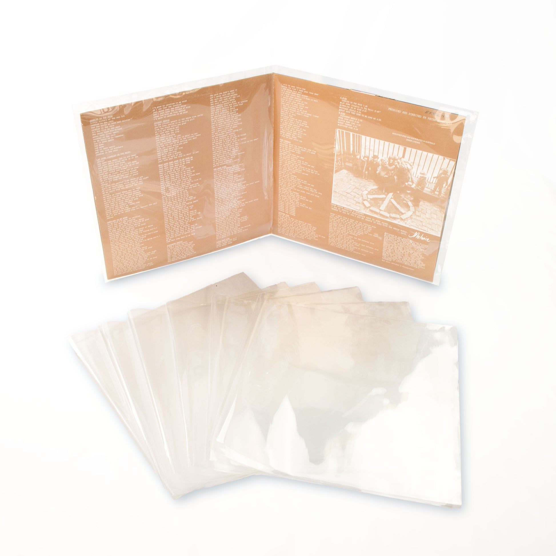 High-clarity polypropylene vinyl sleeve with anti-static, anti-scratch surface for gatefold LP protection.
