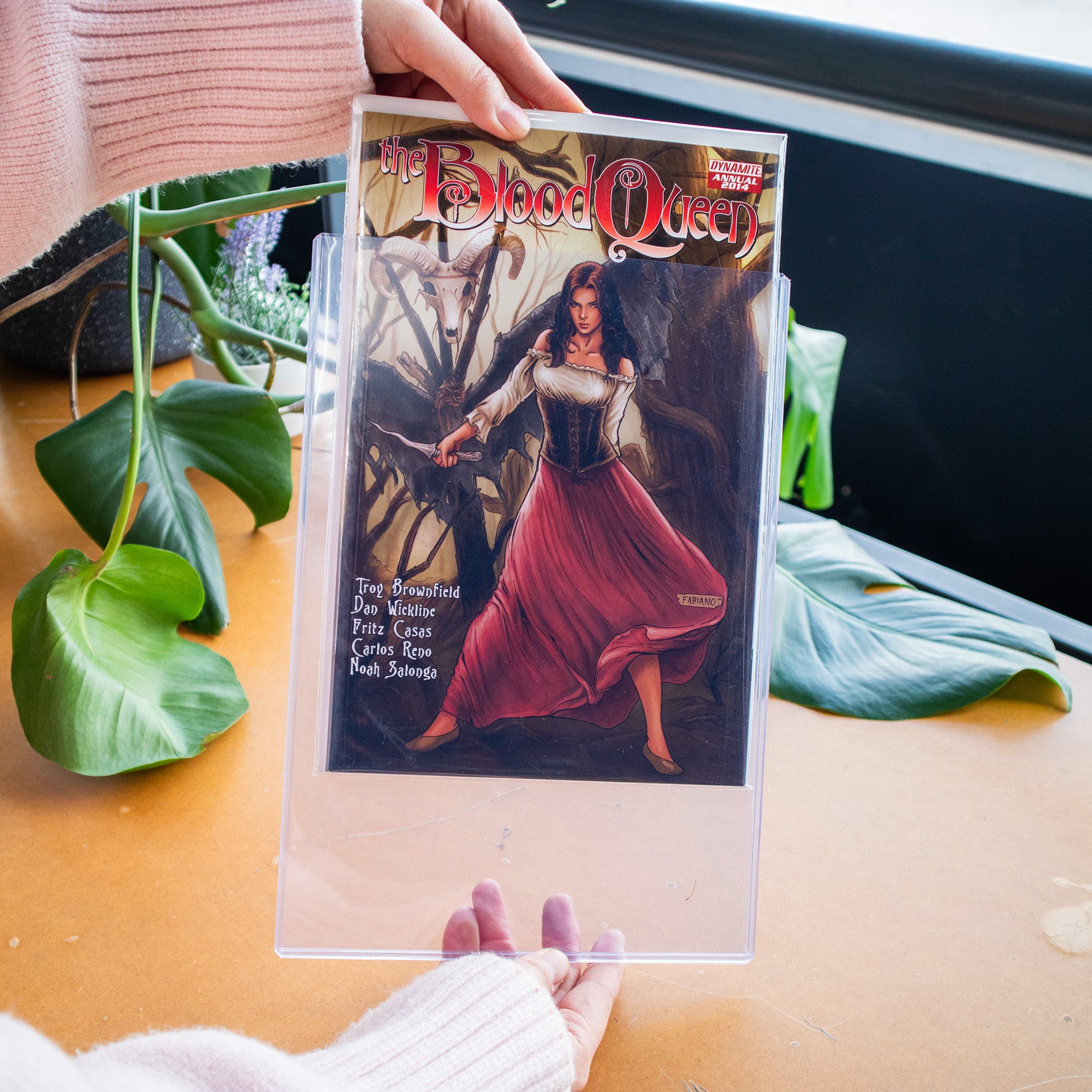 A person holds a clear plastic protective comic toploader containing a comic book or art print titled "The Blood Queen" against a tabletop with green leaves and a dark window in the background.