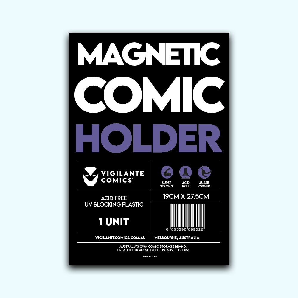 Golden/Silver Comic Book Magnetic Holder – front view, comic book storage