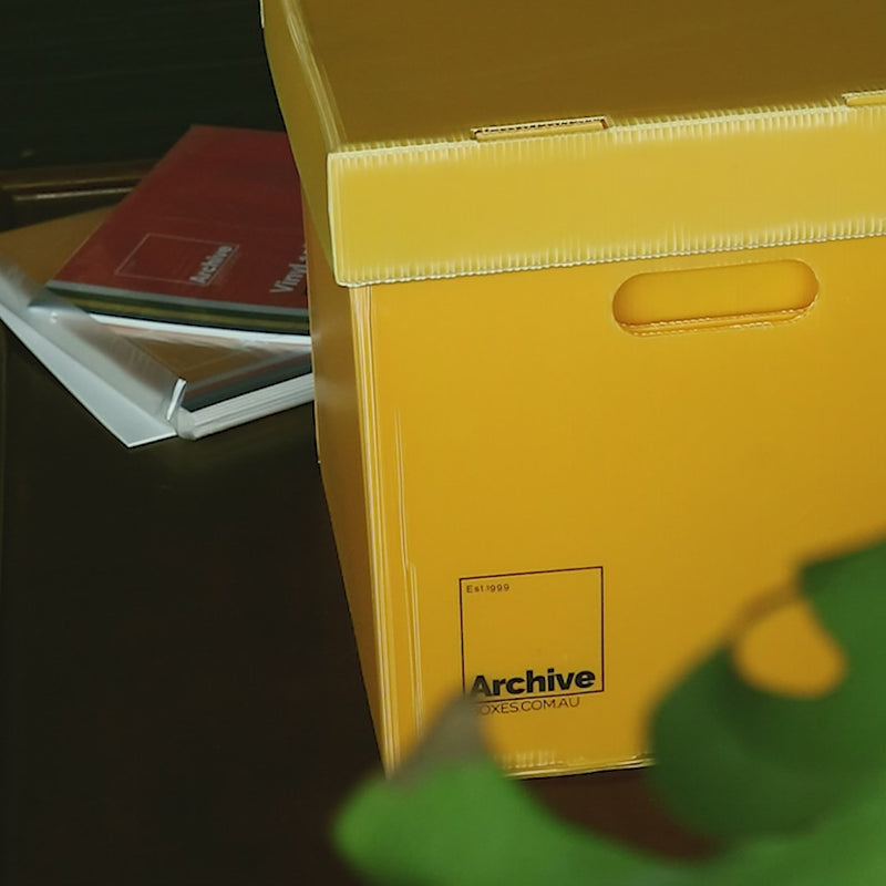 Sturdy vinyl storage box designed for organising and protecting vinyl records, featuring a sleek design and secure lid.