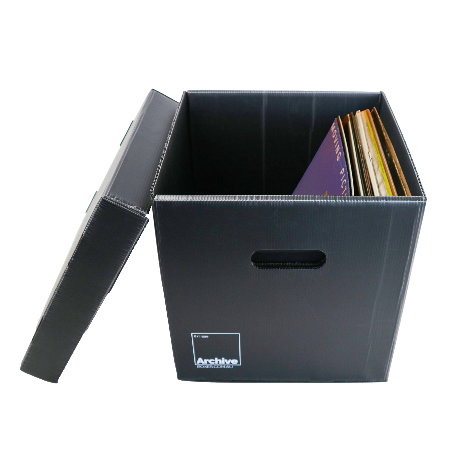 Sturdy vinyl storage box designed for organising and protecting vinyl records, featuring a sleek design and secure lid.