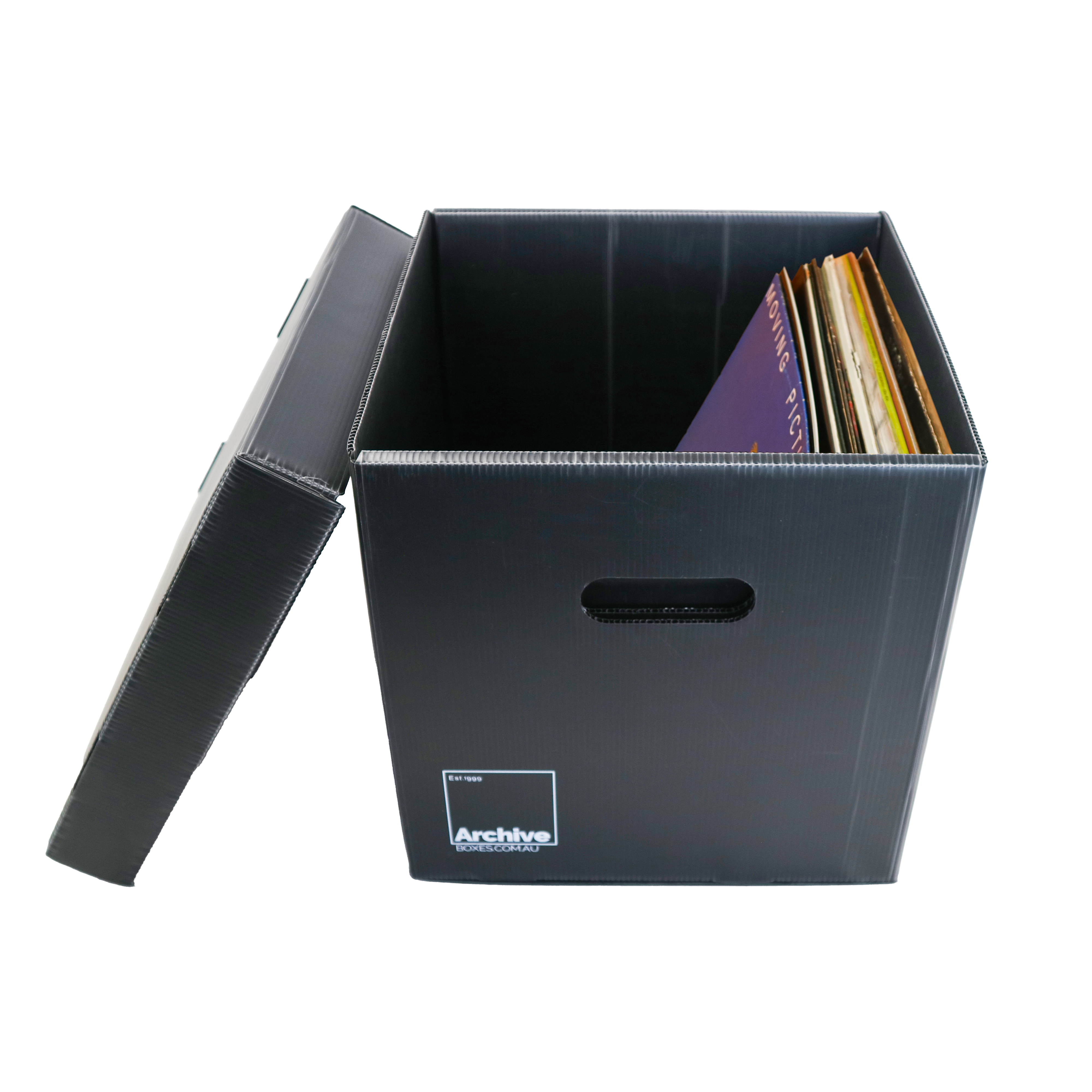 Sturdy vinyl storage box designed for organising and protecting vinyl records, featuring a sleek design and secure lid.