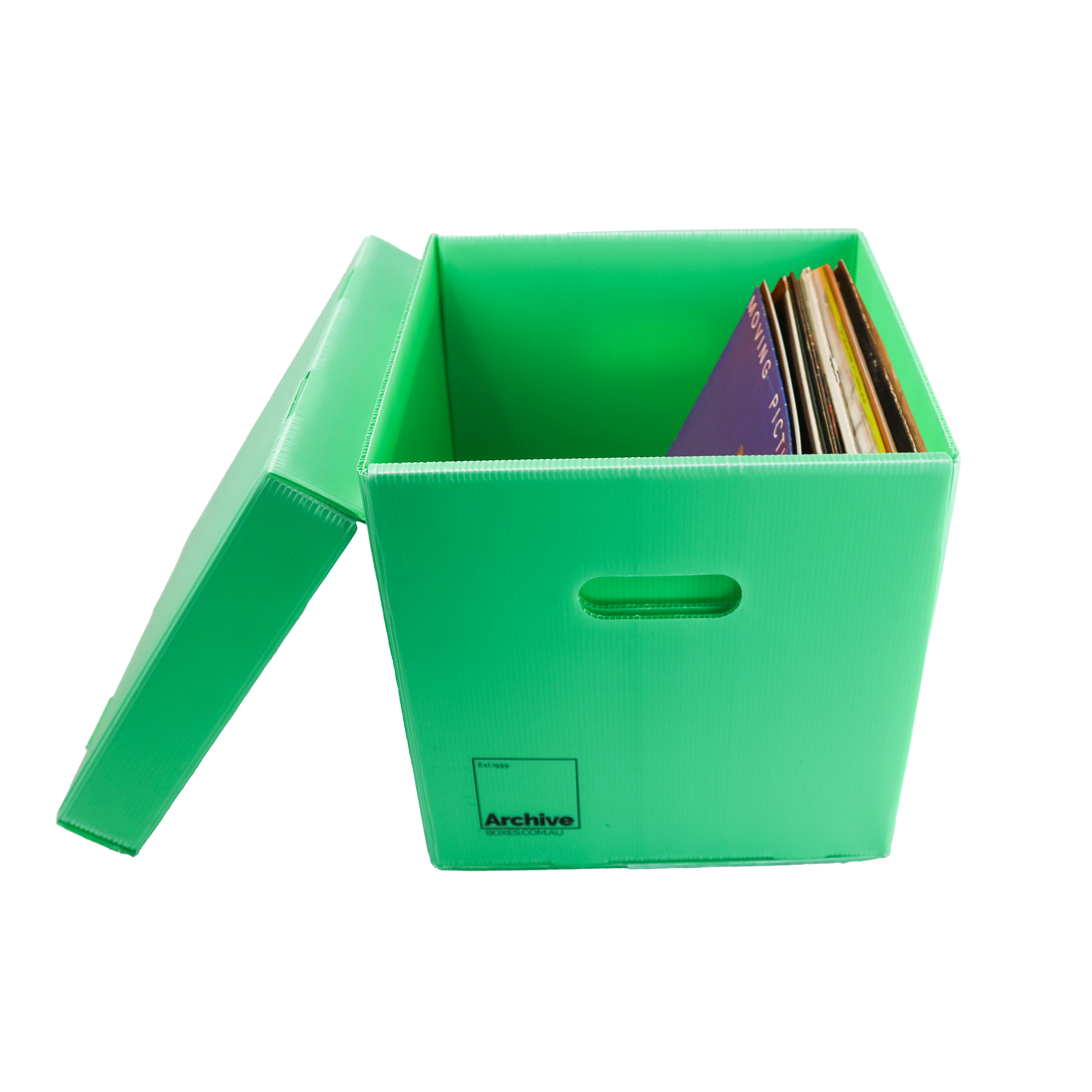 Sturdy vinyl storage box designed for organising and protecting vinyl records, featuring a sleek design and secure lid.
