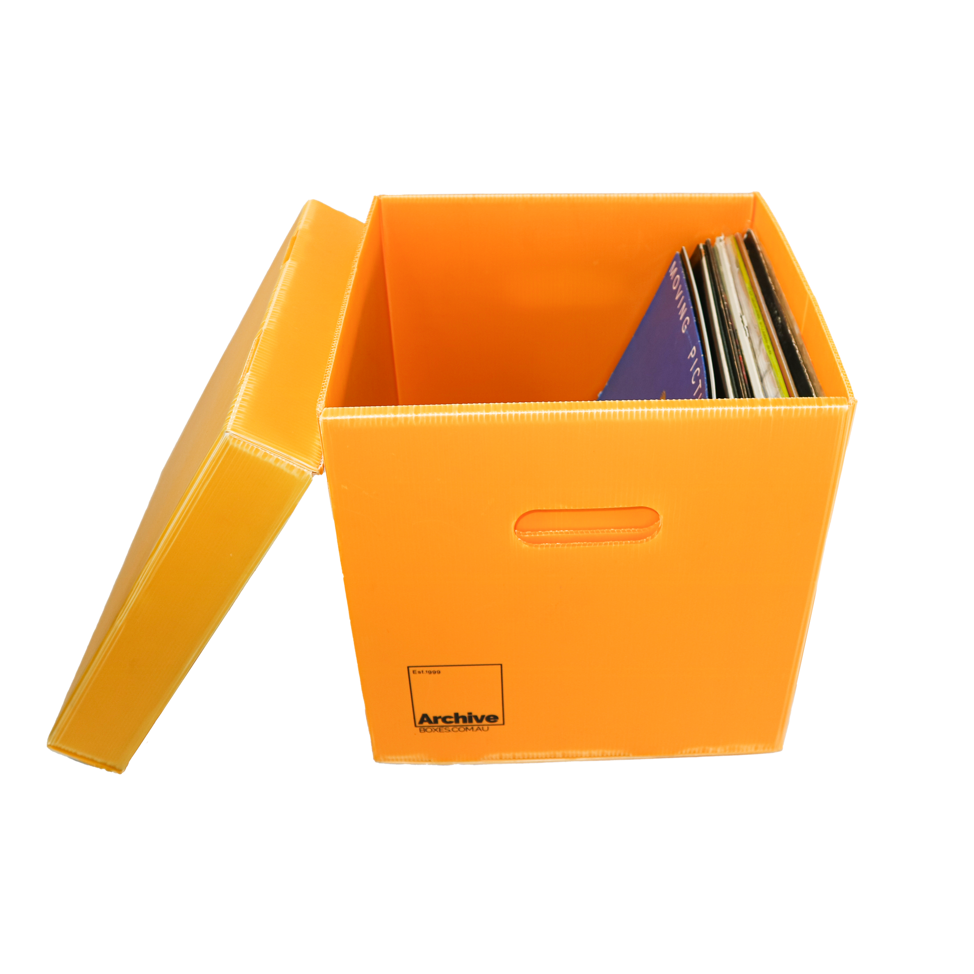 Sturdy vinyl storage box designed for organising and protecting vinyl records, featuring a sleek design and secure lid.