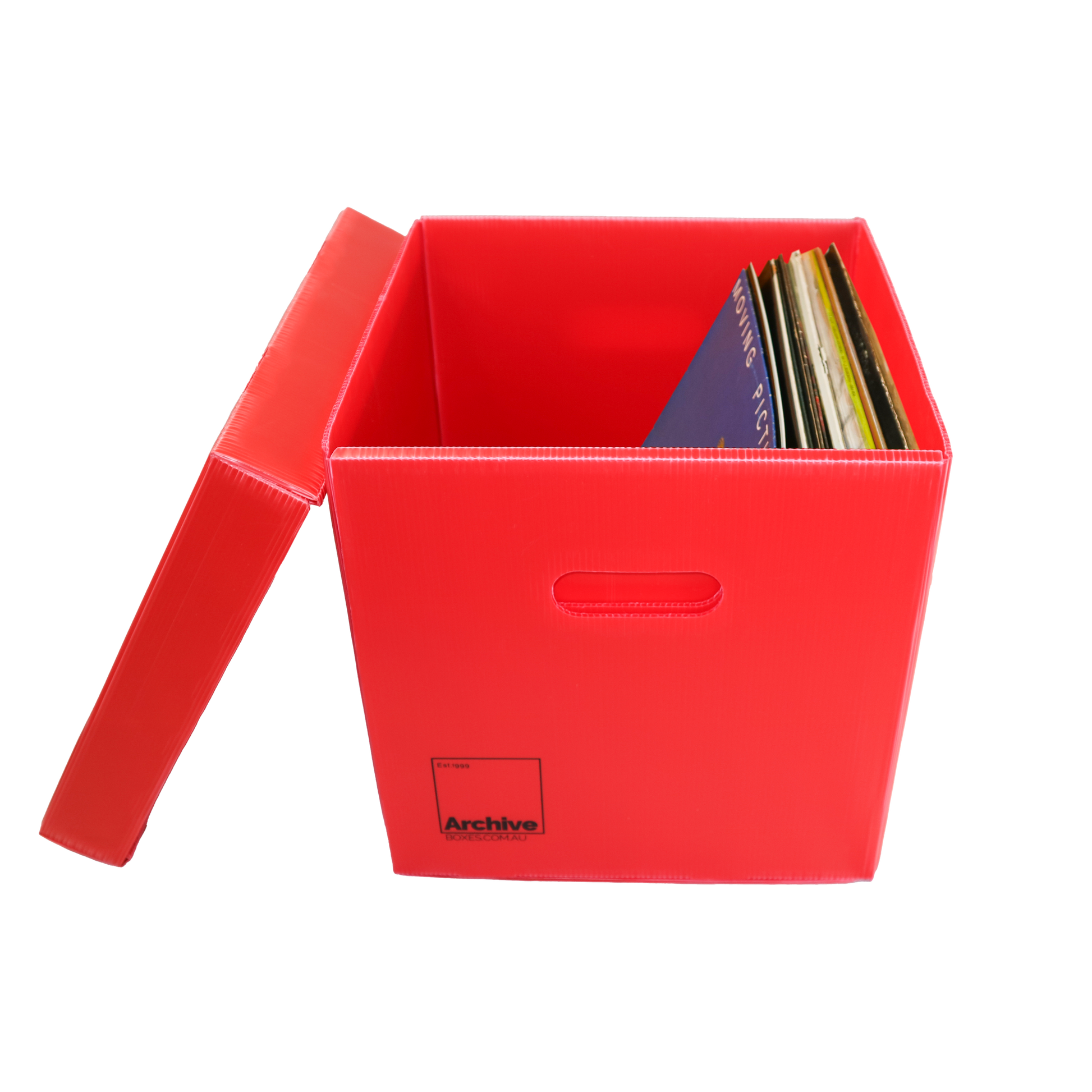 Sturdy vinyl storage box designed for organising and protecting vinyl records, featuring a sleek design and secure lid.