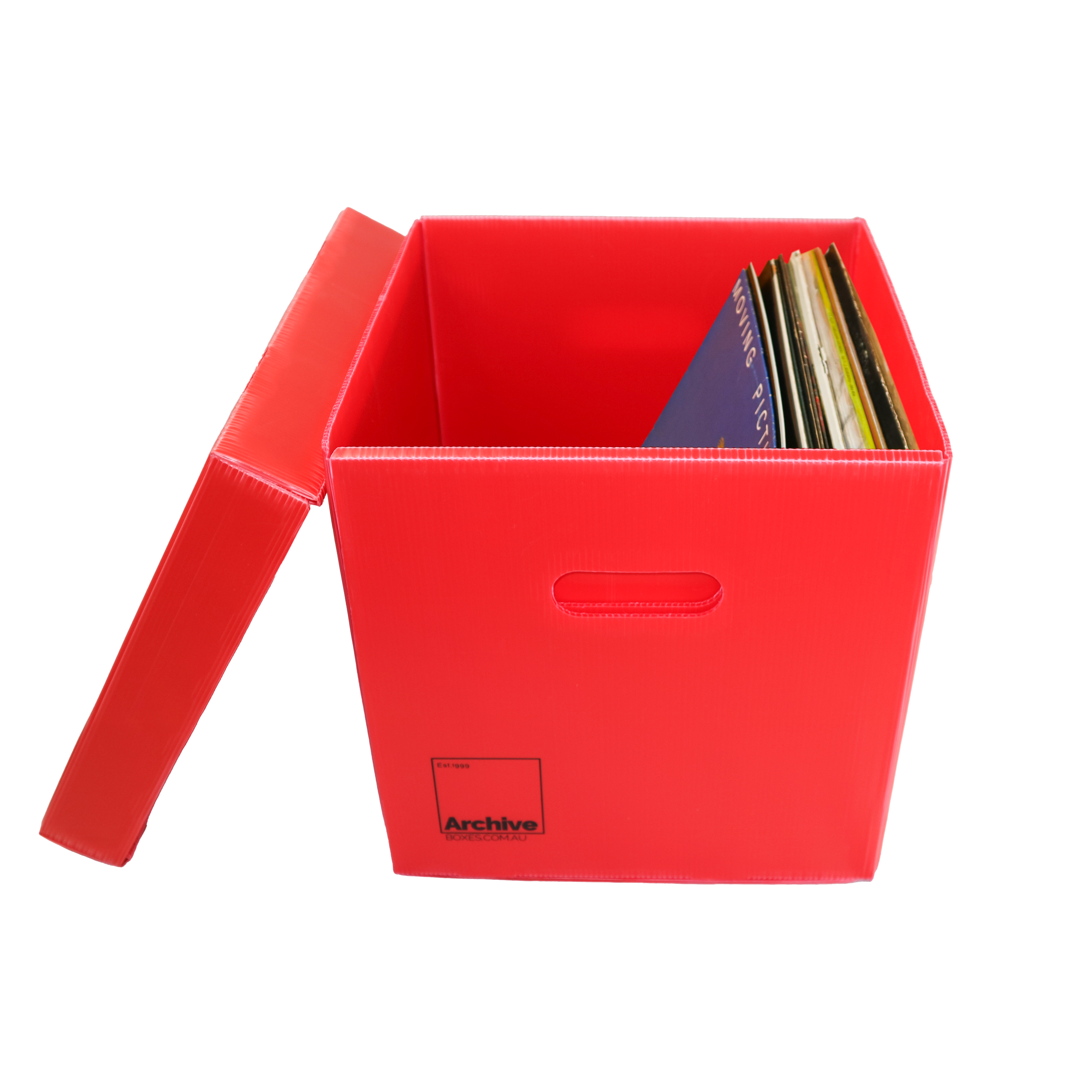 Sturdy vinyl storage box designed for organising and protecting vinyl records, featuring a sleek design and secure lid.