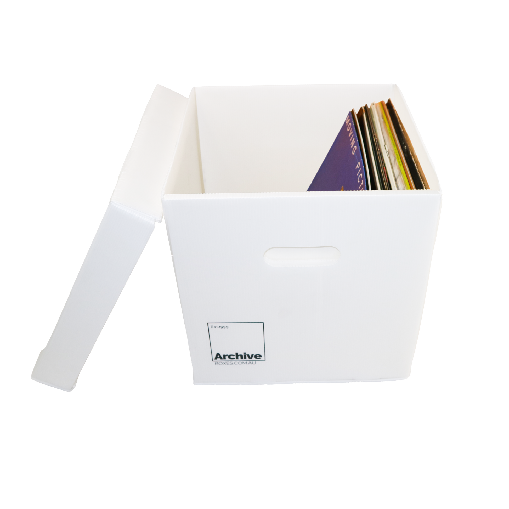 Sturdy vinyl storage box designed for organising and protecting vinyl records, featuring a sleek design and secure lid.