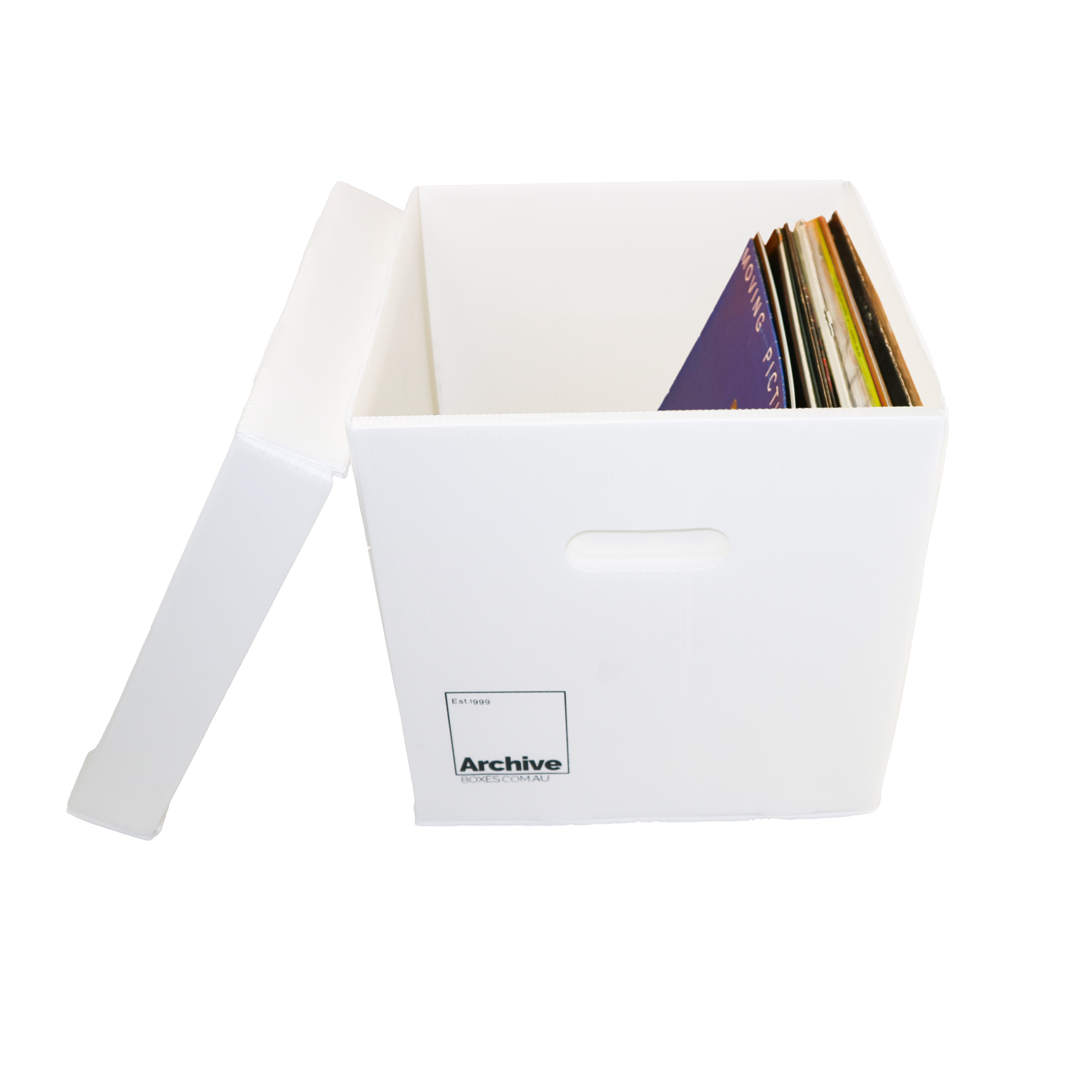 Sturdy vinyl storage box designed for organising and protecting vinyl records, featuring a sleek design and secure lid.